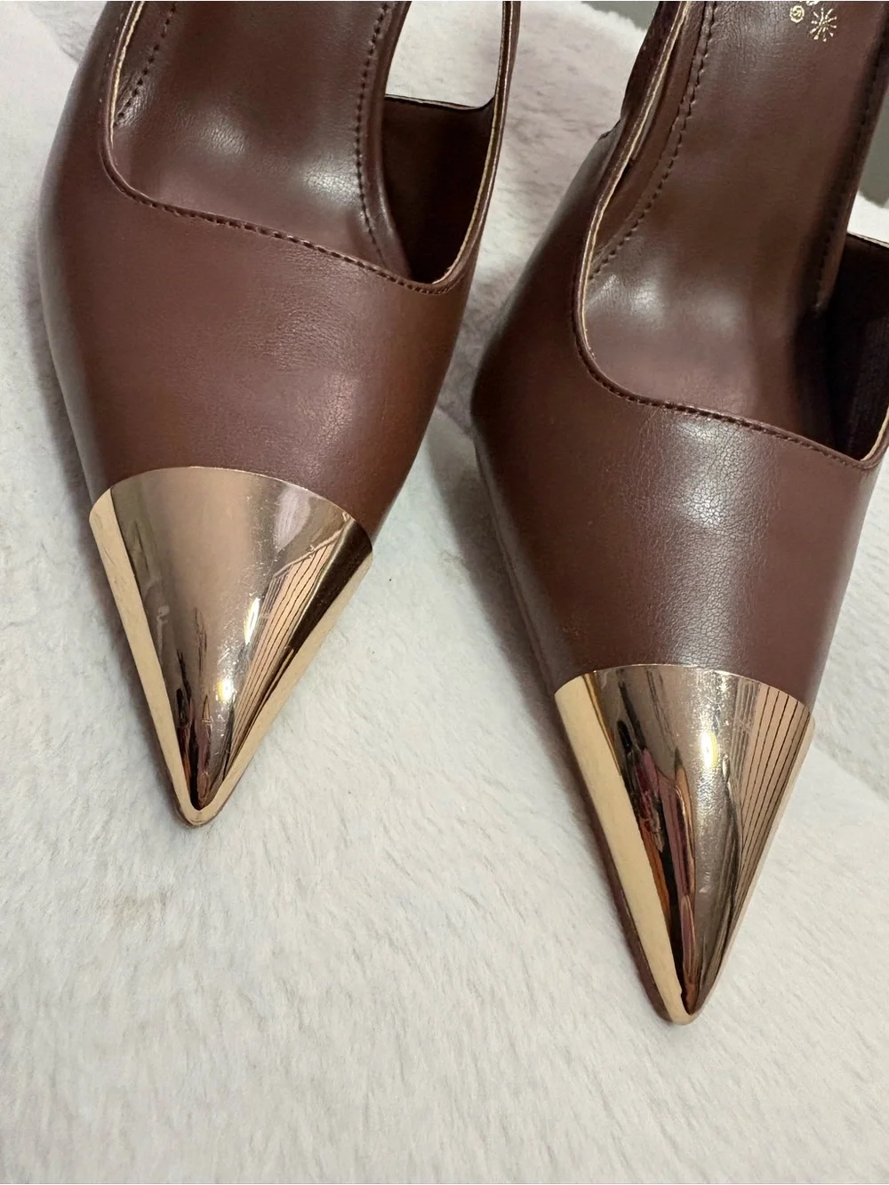Shoe Dazzle Brown Pointed Toe Slingback Pumps with Gold Cap